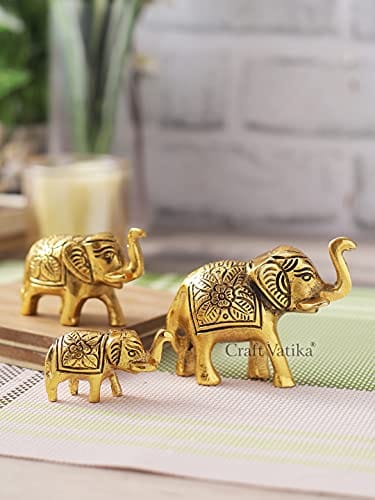 Metal Trunk Up Elephant Family Statue Showpiece Figurine -Fengshui Vastu Lucky - Decorative Items for Home Living