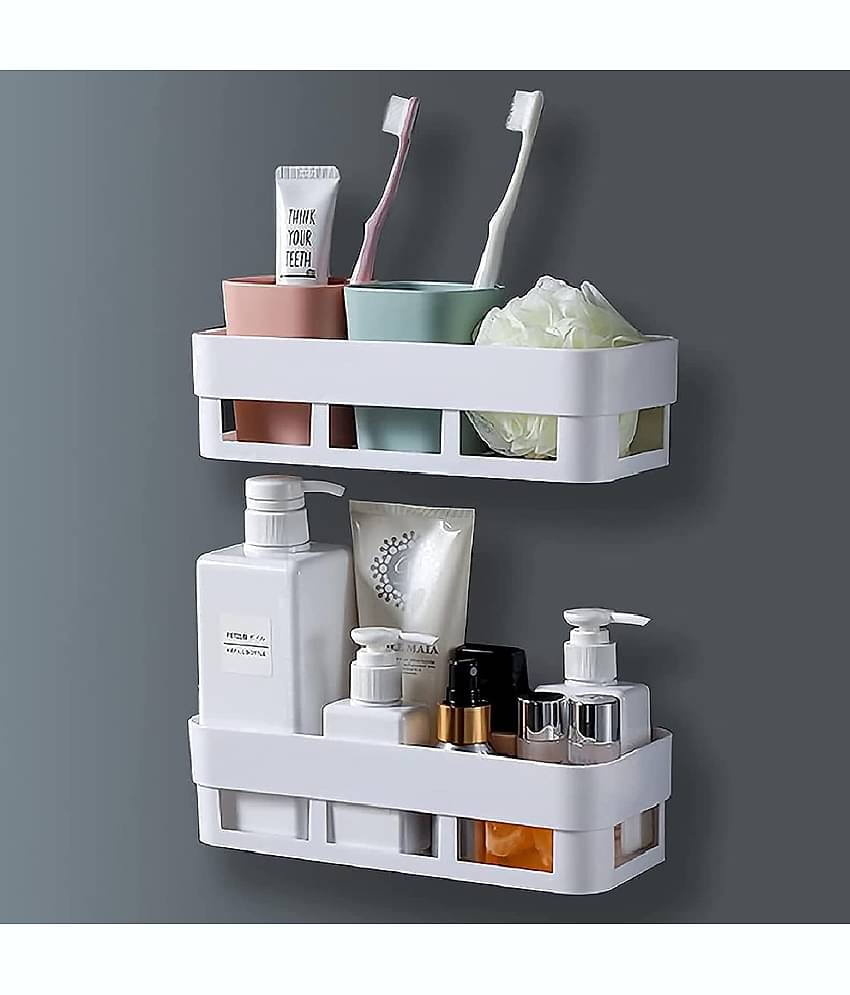 BLUE HOME AND KITCHEN Plastic Self Adhesive Wall Mounted Rectangular Bathroom Shelf Storage Organizer White (Pack Of 2)