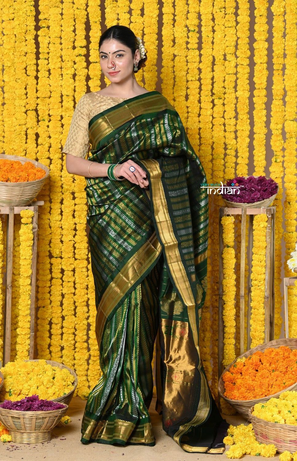 Rajsi~ Handloom Pure Silk Maharani Paithani With Overall Brocade Green and Golden