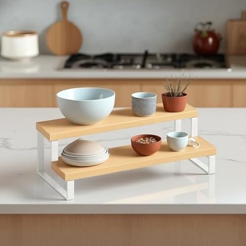 Decorlay 2-Tier Metal & Laminated Board Stairs Spice Rack Cosmetic Organizer Stand, Kitchen Countertop for