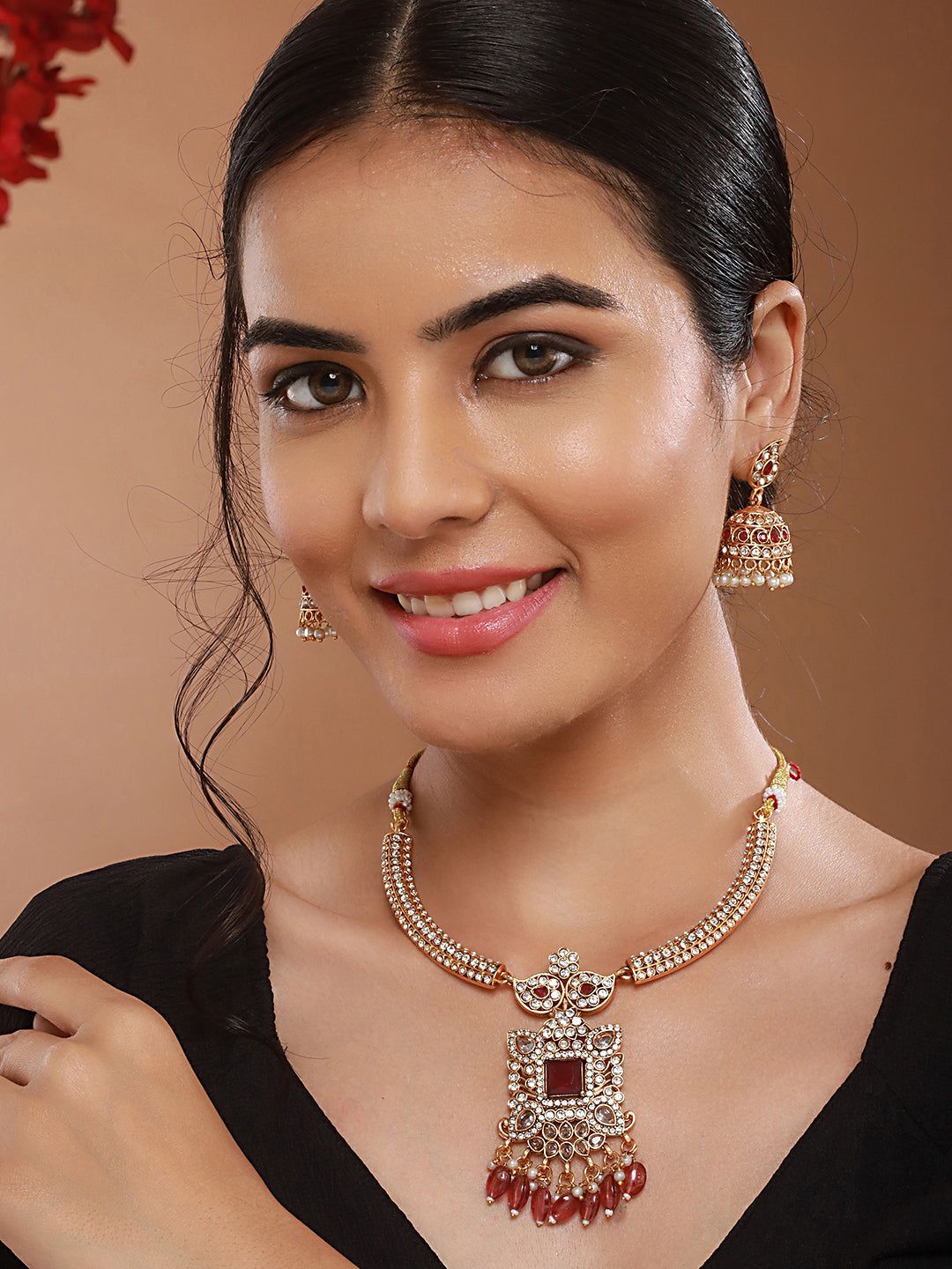 Gold Plated Red  Zircon & Pearl Beaded Floral  Pipe Pendant Jewellery  Set With Jhumka