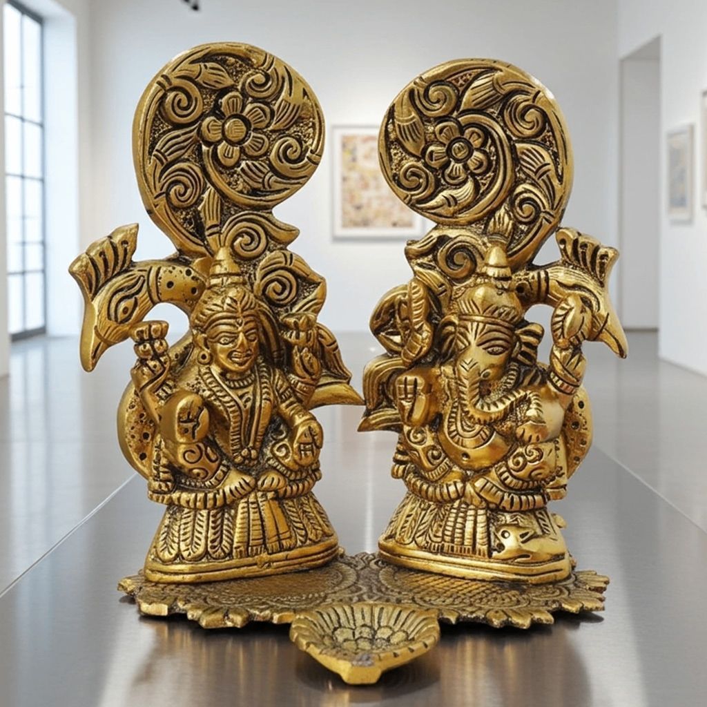 Aluminium Peacock Laxmi Ganesh Idol | Decorative Diwali Puja Statue, Height : 6.2 Inch (ASMAS432 G)