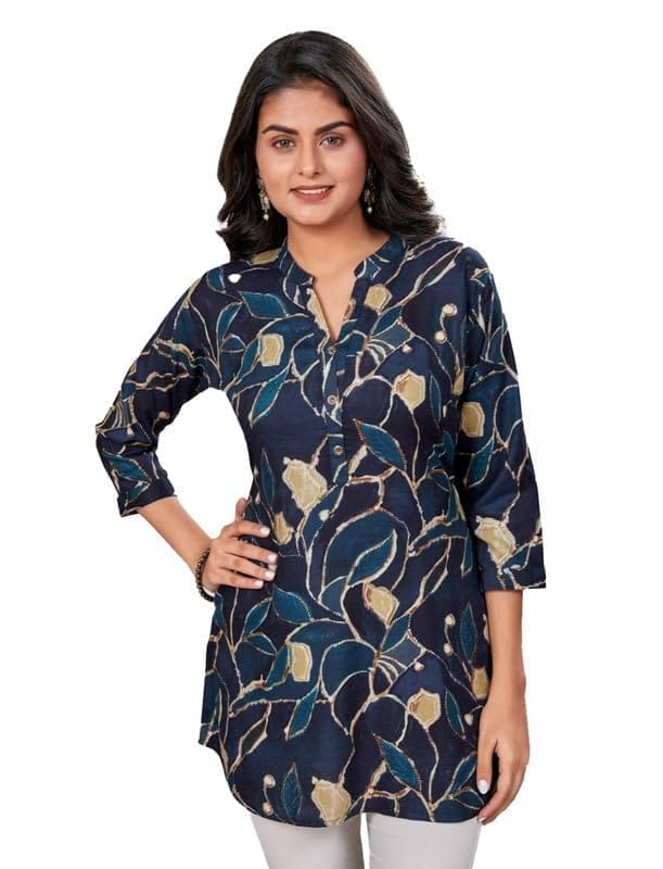 Women's Rayon Mandarin Collar 3/4 Sleeves Short Top (NavyBlue, L)-PID56259