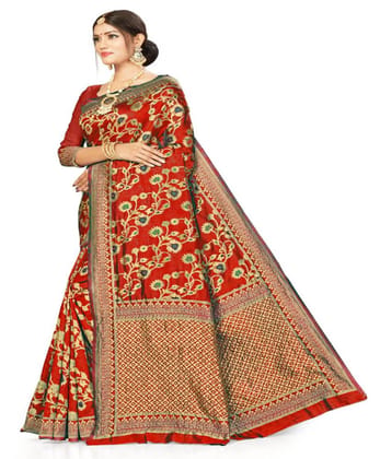 Women's Banarasi Silk Designer Weaving Saree with Unstitched Blouse (Red, 5.50 Mtrs)