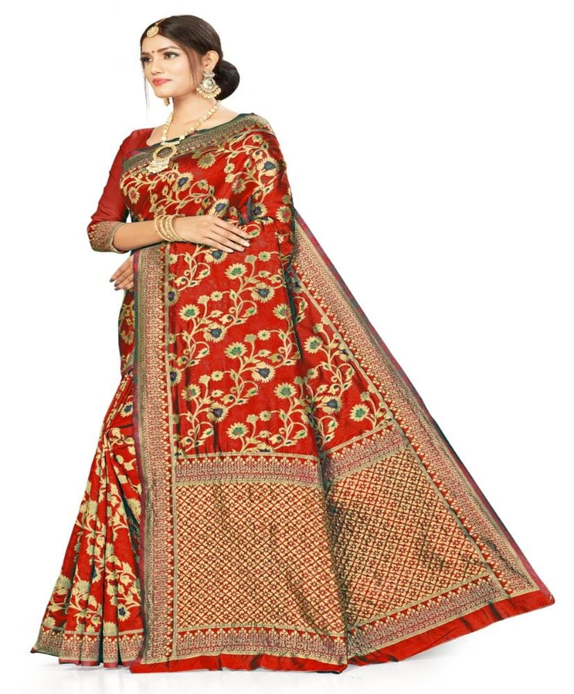Women's Banarasi Silk Designer Weaving Saree with Unstitched Blouse (Red, 5.50 Mtrs)