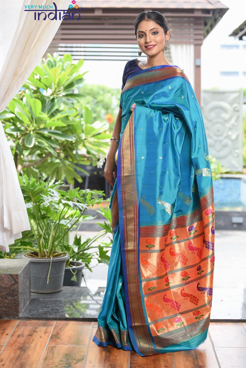 Pure Silk Yeola Handloom Peacock Blue Paithani saree with 30 Mor Pallu