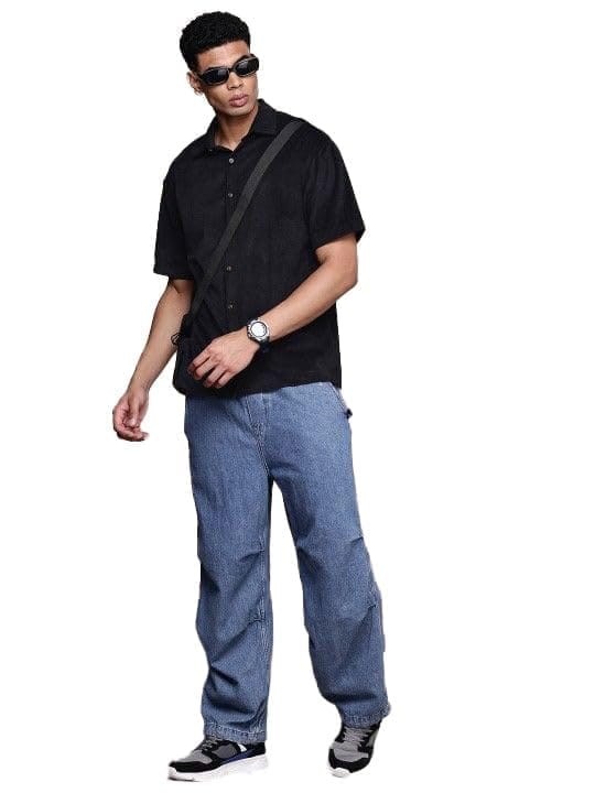Men's Cotton Blend Solid Half-Sleeve Regular Shirt (Black, S)-PID56277