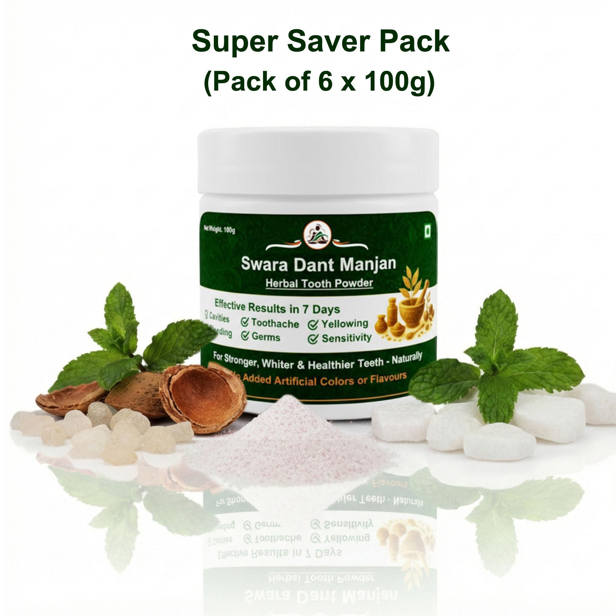 Swara Ayurvedic Dant Manjan Herbal Dental Care Tooth Powder Value Pack – 600g (Pack of 6 × 100g)