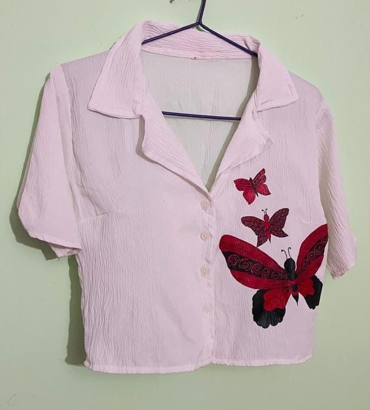 Kajal Creation Butterfly Graphic Printed Crop Shirt for Women | Pink | Size M