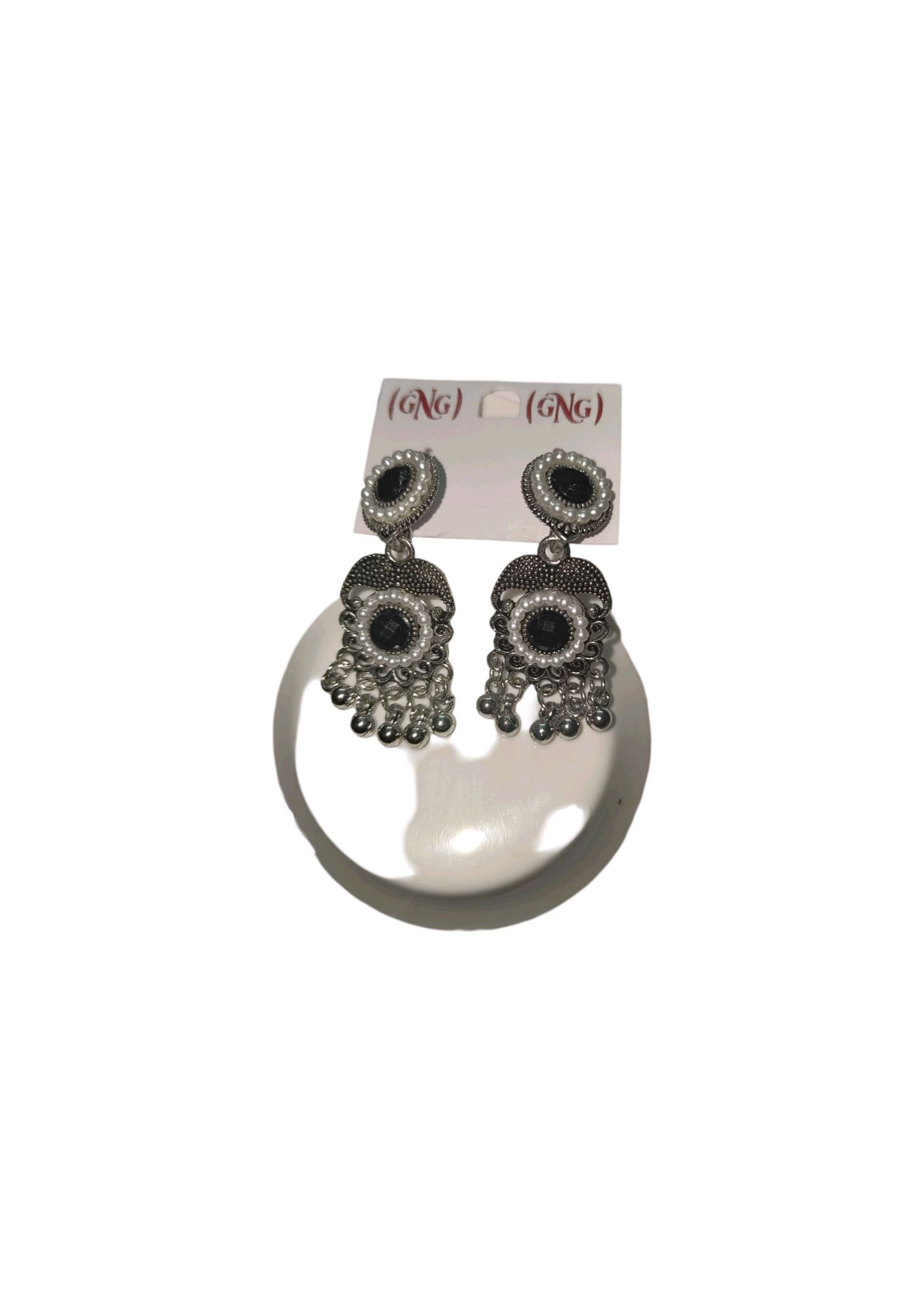 Oxidized Silver Pearl Beaded Jhumka Earrings with Black Stone
