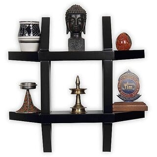 Onlinecrafts Wooden Wall Self (Black) Mota Plus Wooden Wall Shelf (Number Of Shelves - 3, Black)