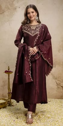 Vaidehi Fashion Cofee Anarkali Embroidered Vichitra Silk Kurta Set with Dupatta Embroidered Anarkali Kurta, Bottom & Dupatta Set