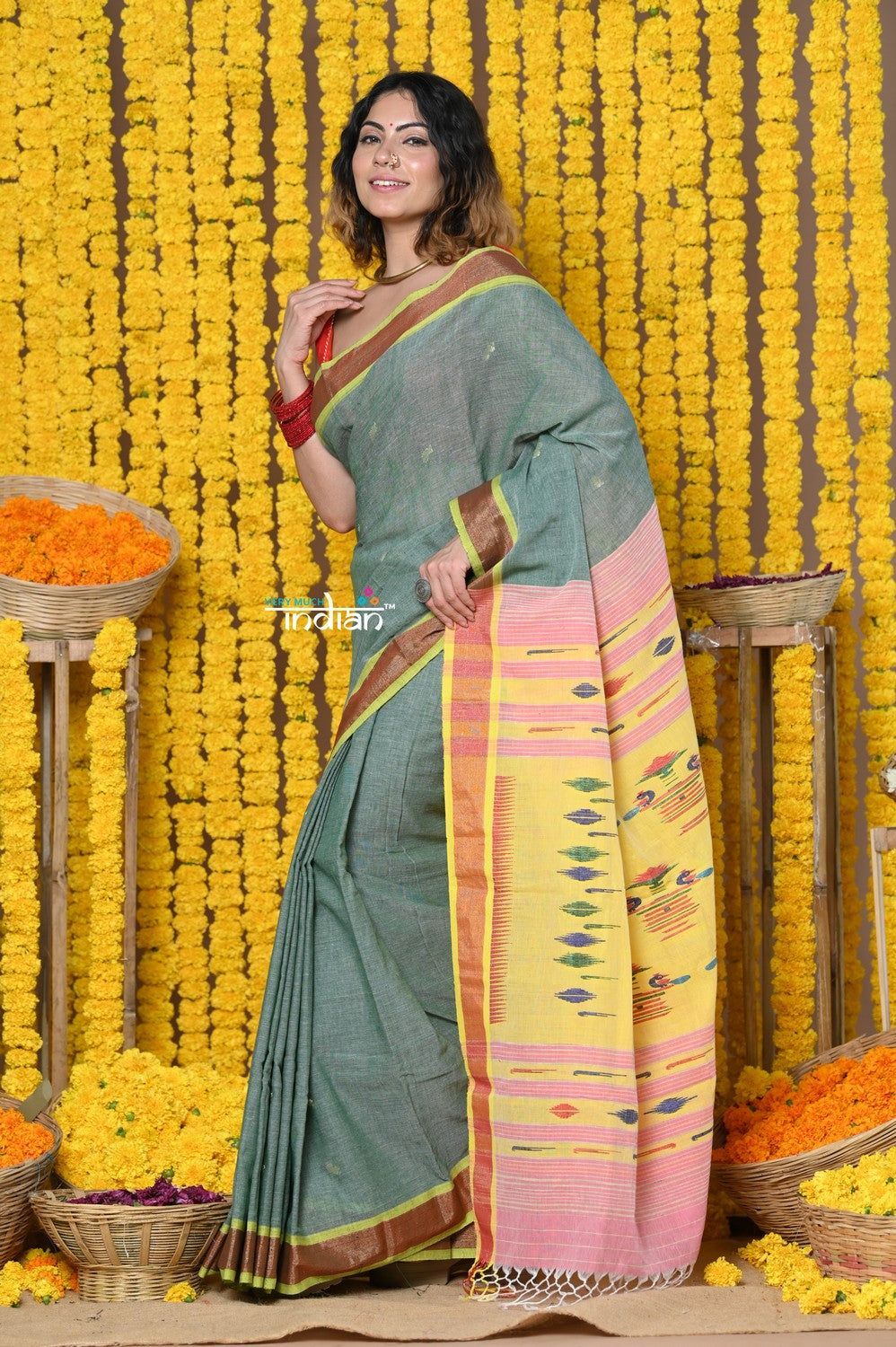 Rajsi~Handloom Pure Cotton Paithani Without Zari With Handcrafted Double Pallu~Grey