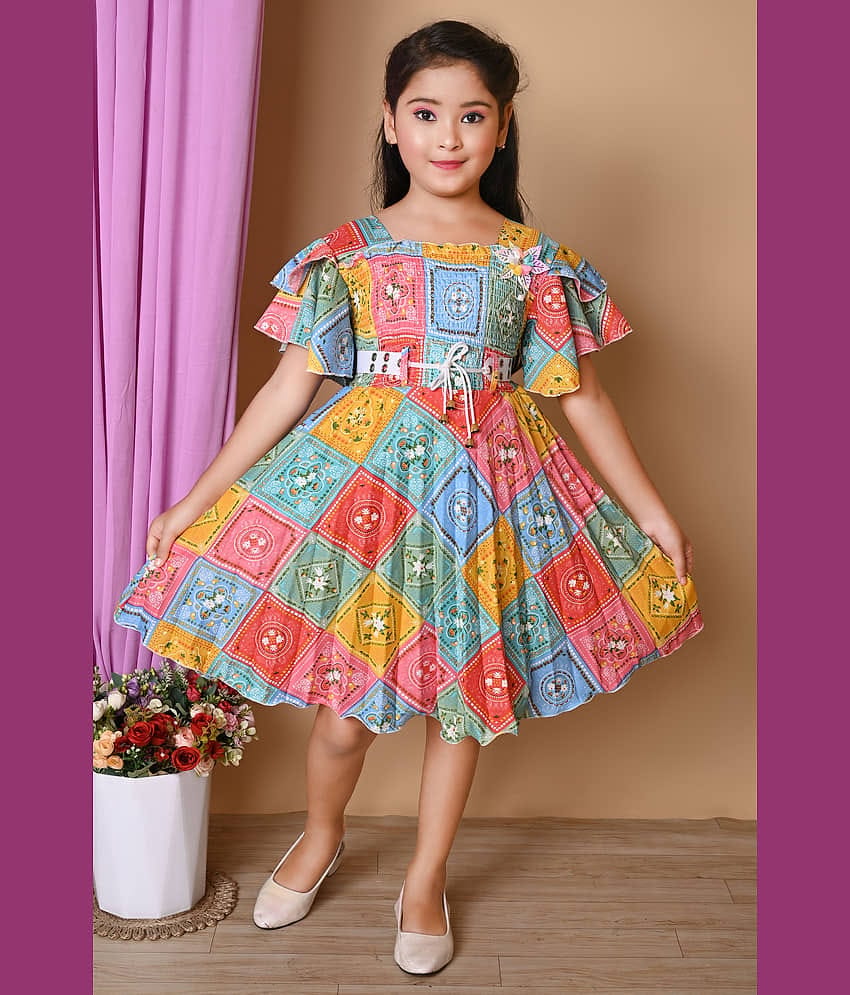 NEWSIFA Cotton Blend Fit And Flare Dress For Girls ( Pack of 1 , Multicolor )