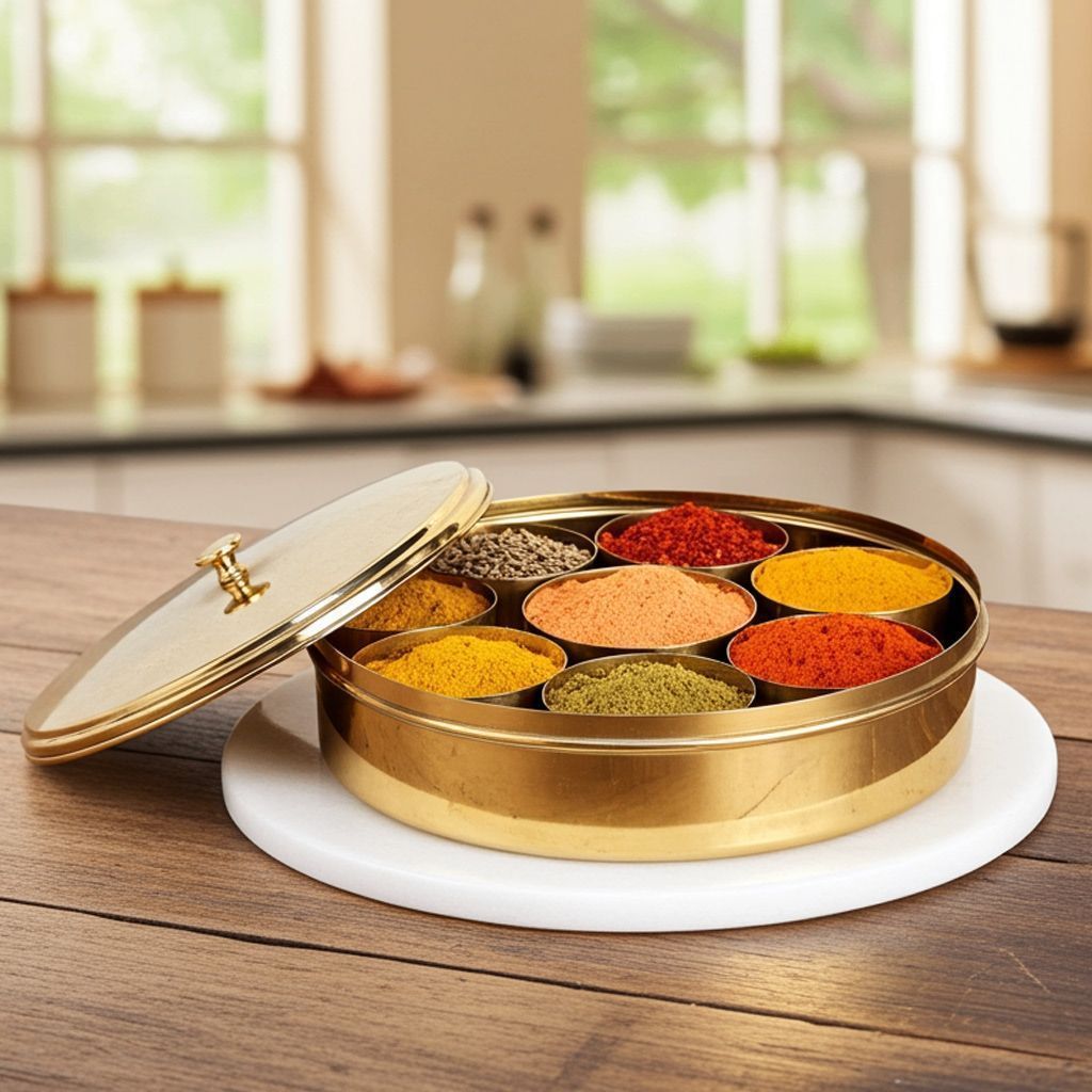 Brass Spice Box, Masala Box Set With Spoon (ZMAS585 C)