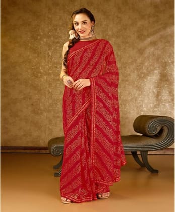Women's Zomto Bandhani Saree with Unstitched Blouse (Red, 5-6 Mtrs)