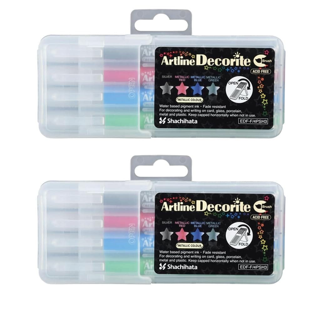 Artline Decorite Brush Markers Set of 4 X 2 Packs in Metallic Colours - White, Pink, Blue & Green Vibrant Colours | For Decorating And Writing On Greeting Card and Craft Papers