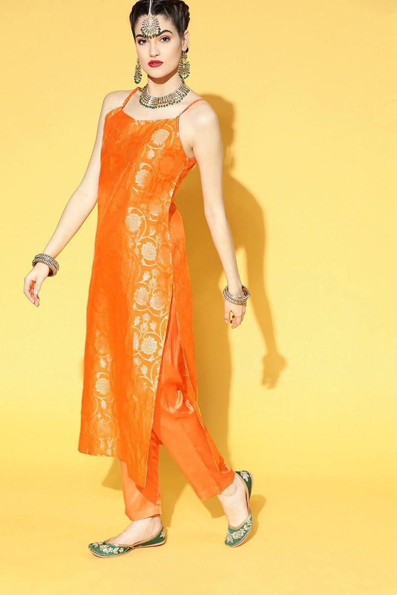 Orange Floral Cotton Kurta, Trousers, and Dupatta Set – Ahika VKSKD1257