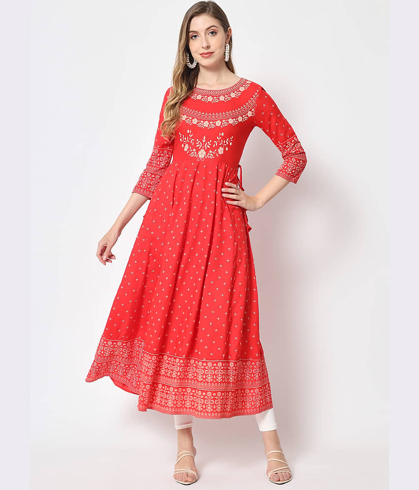 Kbz - Red Rayon Women's Flared Kurti ( Pack of 1 )