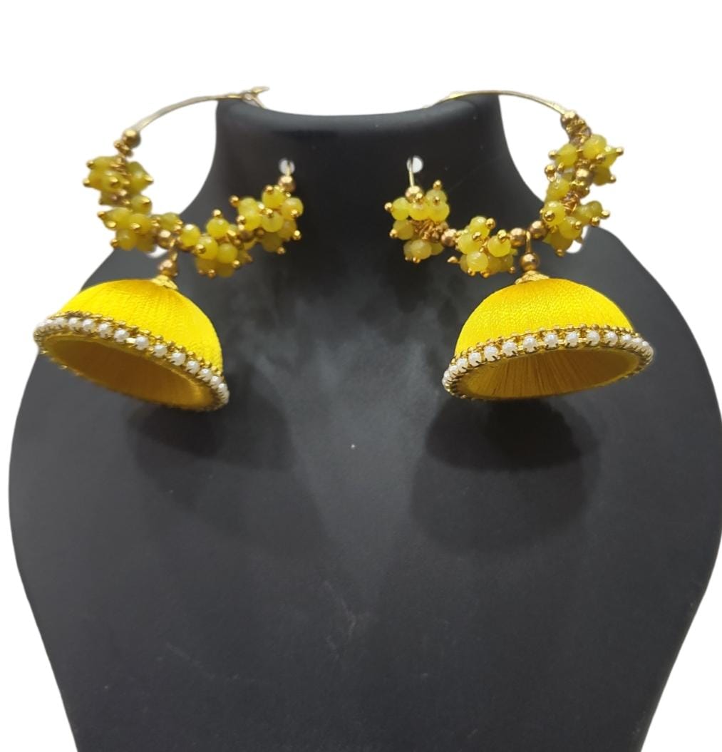 Yellow Silk Thread Jhumka Earrings with Pearl Beads