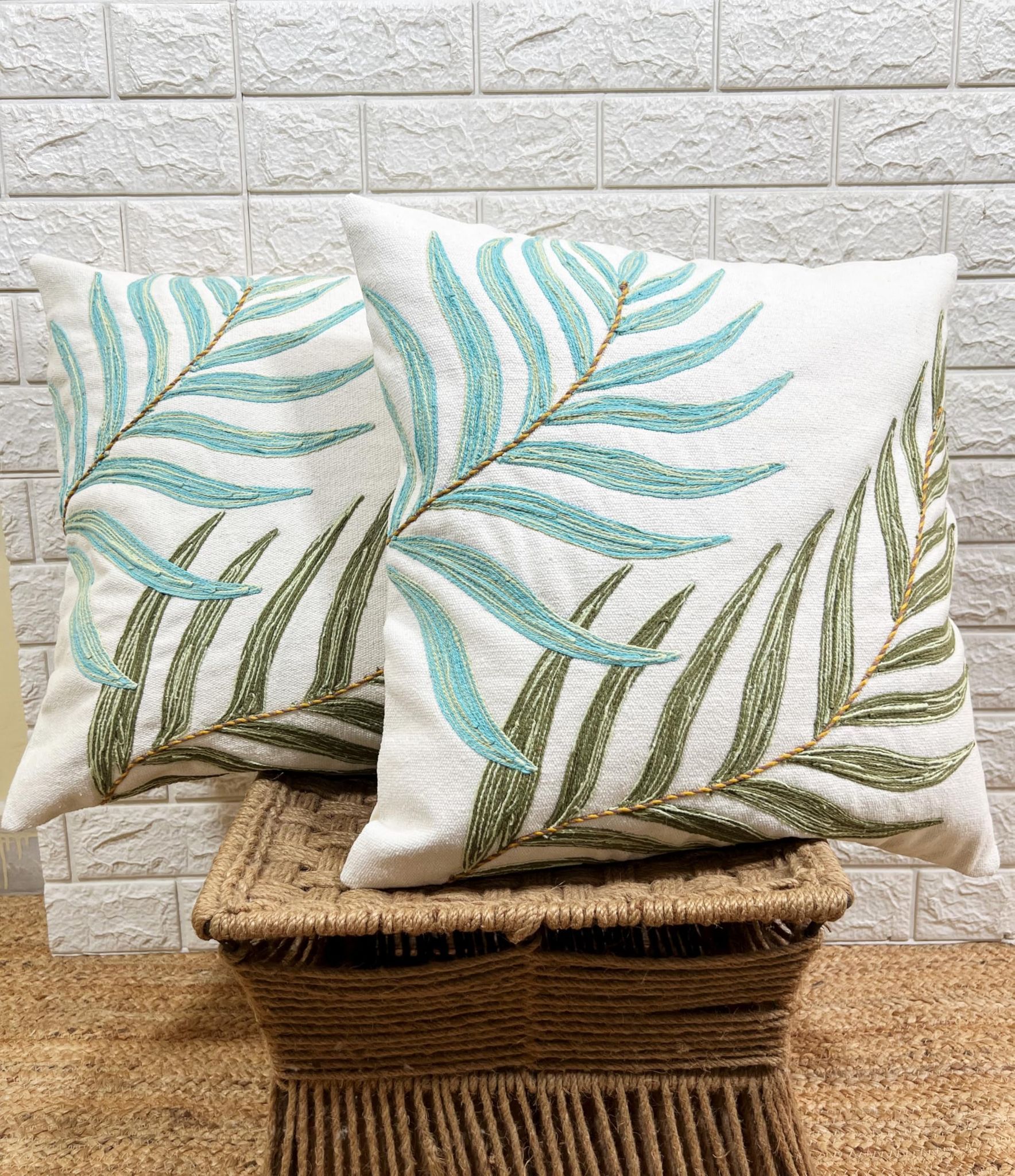 Indihomecraft Handicraft Cotton Cushion Cover - Hand Stitched Embroidery Decorative Art Boho Pillow Flower Leaf Hand Made Pillow Cover | Square Shape 18X18 Inches Cushion Cover Set of 2