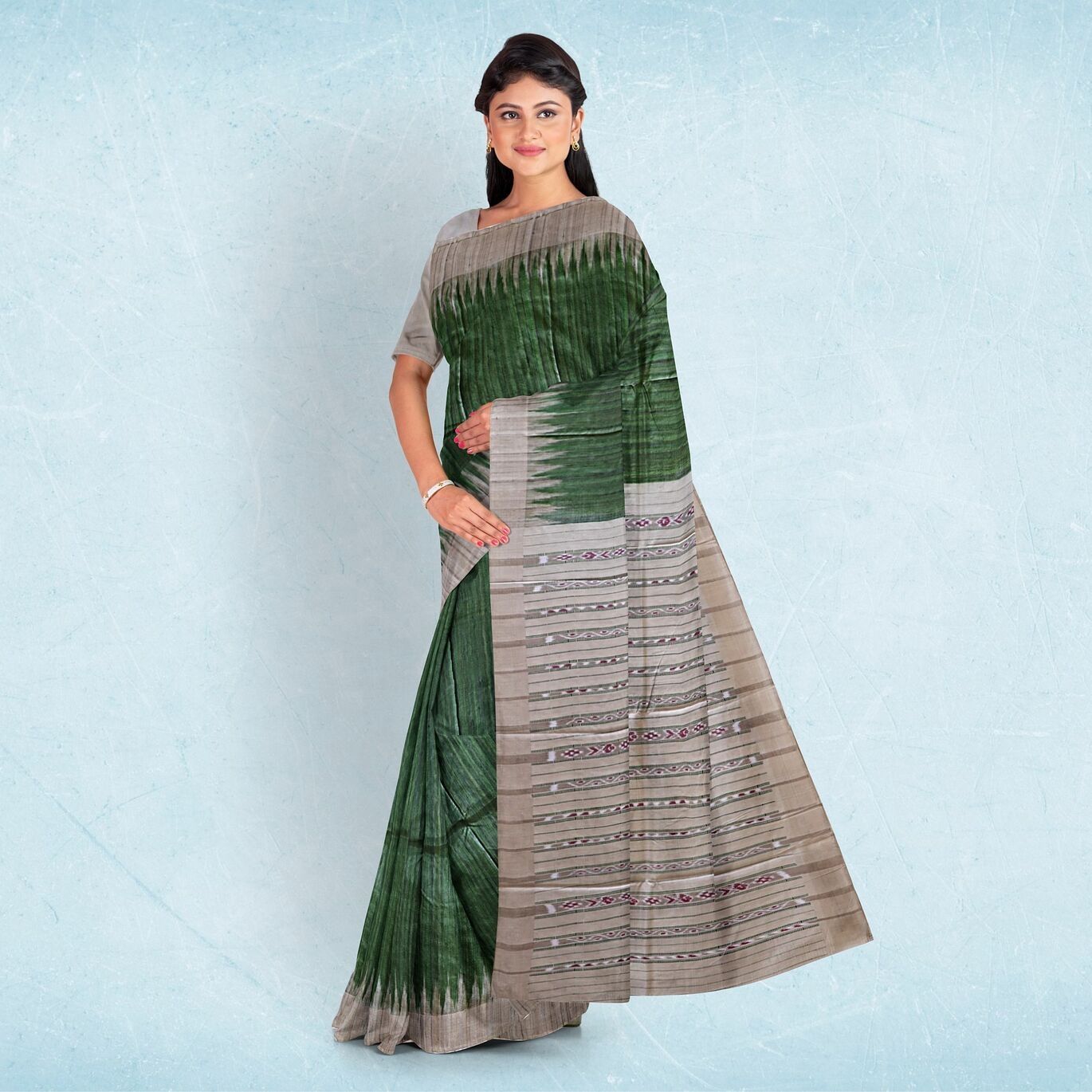 Rifle Green Temple Border Tussar Silk Saree