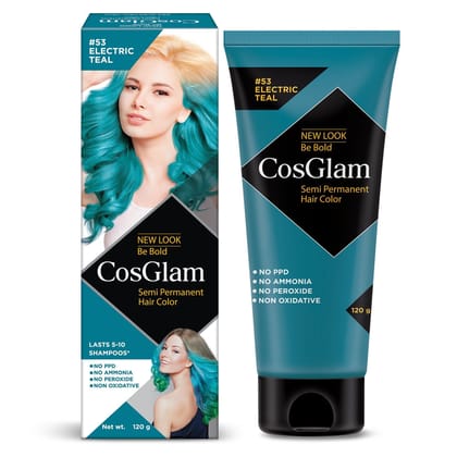 COSGLAM Semi Permanent Hair Color, No Peroxide, Non Oxidative, Ammonia Free Hair Colour 53 Electric Teal - 120gm