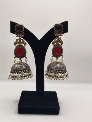 Dual-Tone Oxidized Silver Cow Ruby Jhumka Earrings Dual-Tone Oxidized Silver Cow Ruby Jhumka Earrings