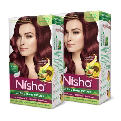 Nisha Creme Hair Color 3.16 Burgundy 120g Pack of 2, Permanent Hair Colour for Women Men, No Ammonia, 100% Grey Coverage