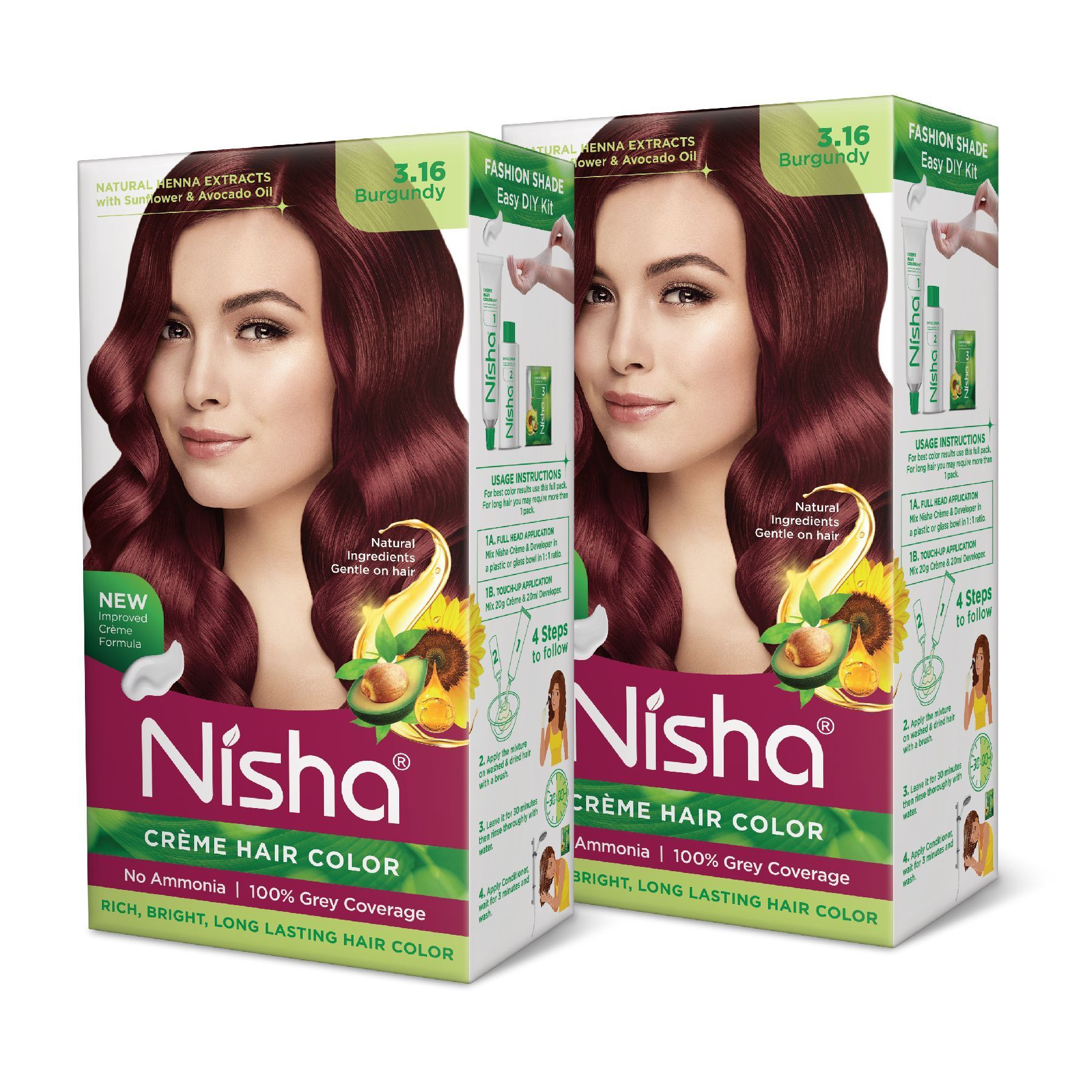 Nisha Creme Hair Color 3.16 Burgundy 120g Pack of 2, Permanent Hair Colour for Women Men, No Ammonia, 100% Grey Coverage
