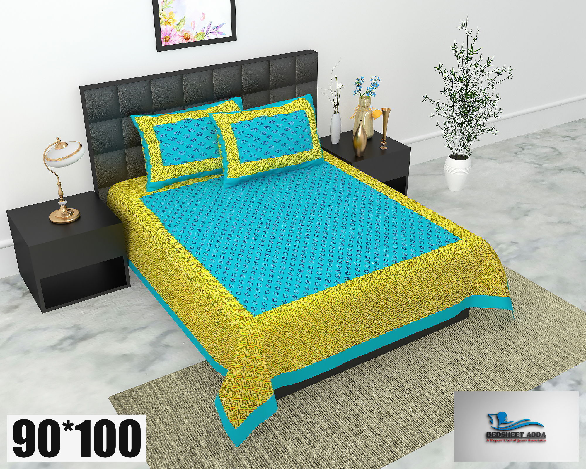 2001-Bedsheet Adda-Pure Cotton Jaipuri Printed Double Bedsheet With 2 Pillow Covers-Gad-Yellow