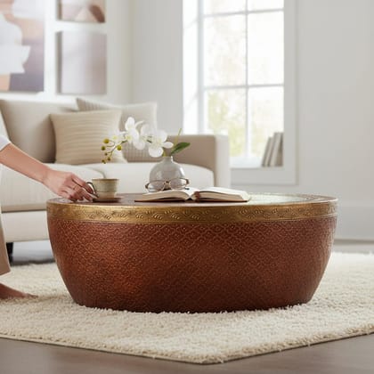 PREET GALLERY Handcrafted Round Wooden Coffee Table with White & Gold Floral Hand-Painted Design � Low Seating Boho Accent Table for Living Room & Patio