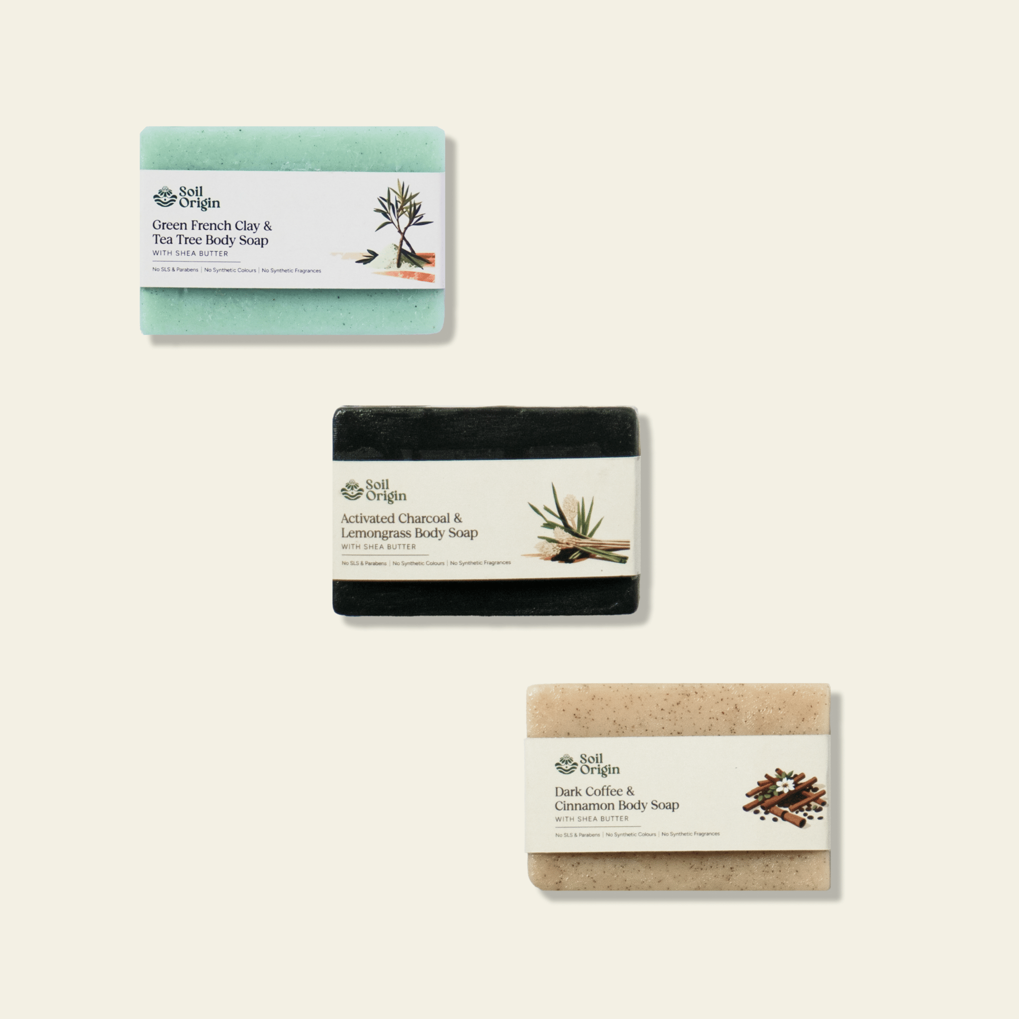 Handmade Body Soap Combo  - Green French Clay, Charcoal Lemongrass, Coffee Cinnamon