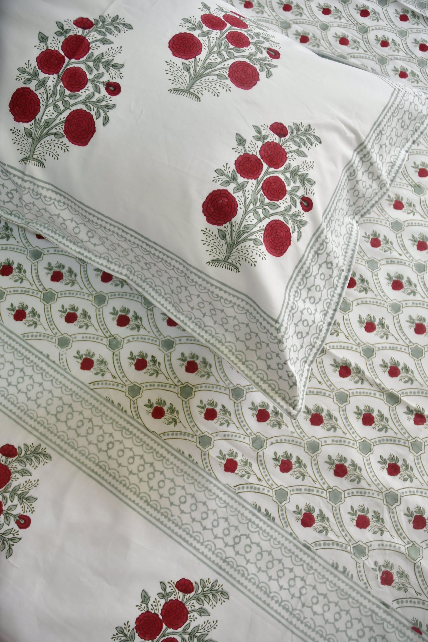 Red Flower Jaal Buta Premium Hand Block Bedsheet Super King (108 x 108) inches bedsheet