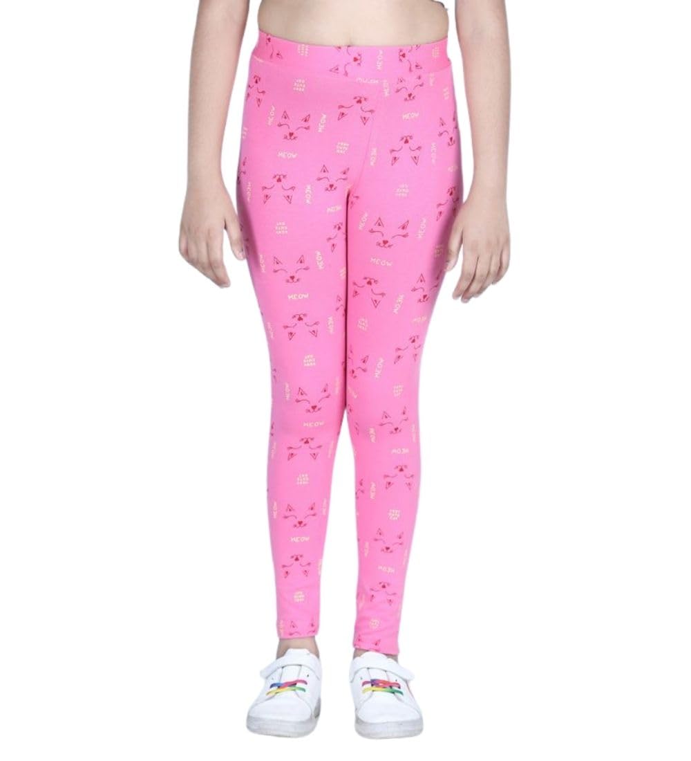 Girl's Cotton Blended Printed Elasticated Leggings (Pink, 6-7-Yrs)-PID66135