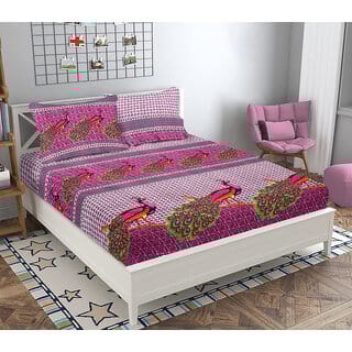 BLACK BEE  Jaipuri Peacock print 3D double bedsheet with 2 Pillow Covers (208 X 213 cm)(BS17-07)