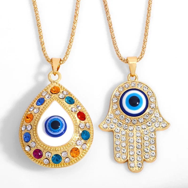 Vintage Blue Eye Fashion Necklace 18K Gold Filled Clavicle Long Chain Crystal Fatima Hand Pendant for Women Perfect Gift