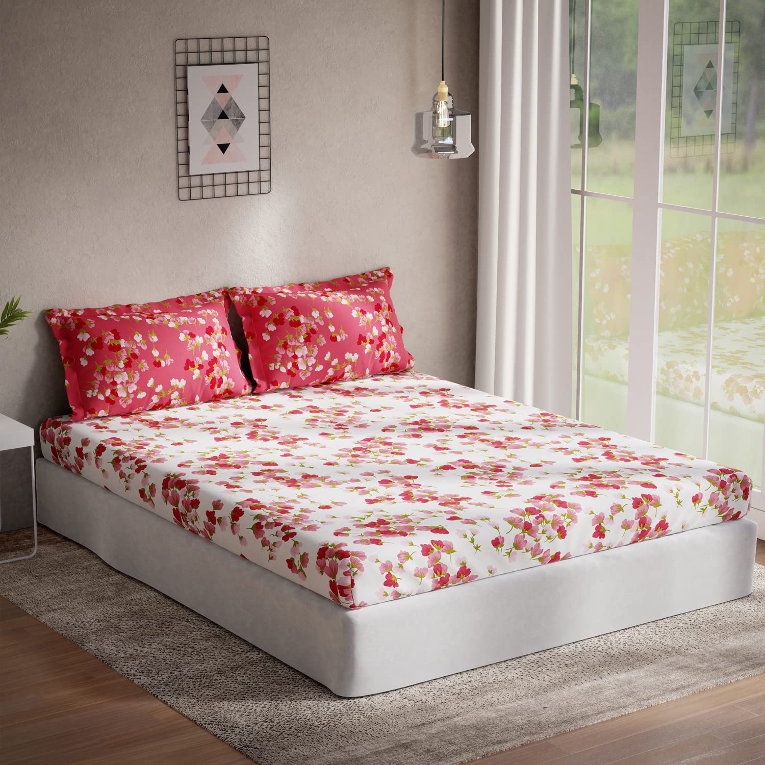 DDECOR - Sigma Collection 100% Cotton Floral Pattern 136TC Queen Bedsheet |224 CM X 254 CM| Red