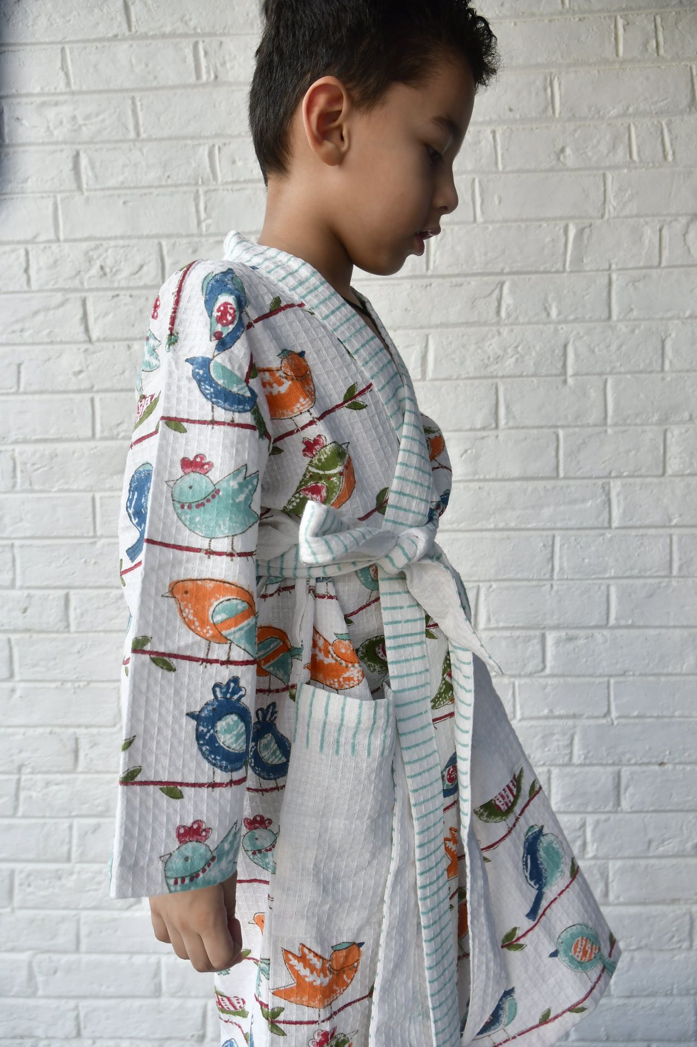 Kids HandBlock Premium Waffle Cotton Bathrobe Sparrow Pattern - Small (2-4 years)
