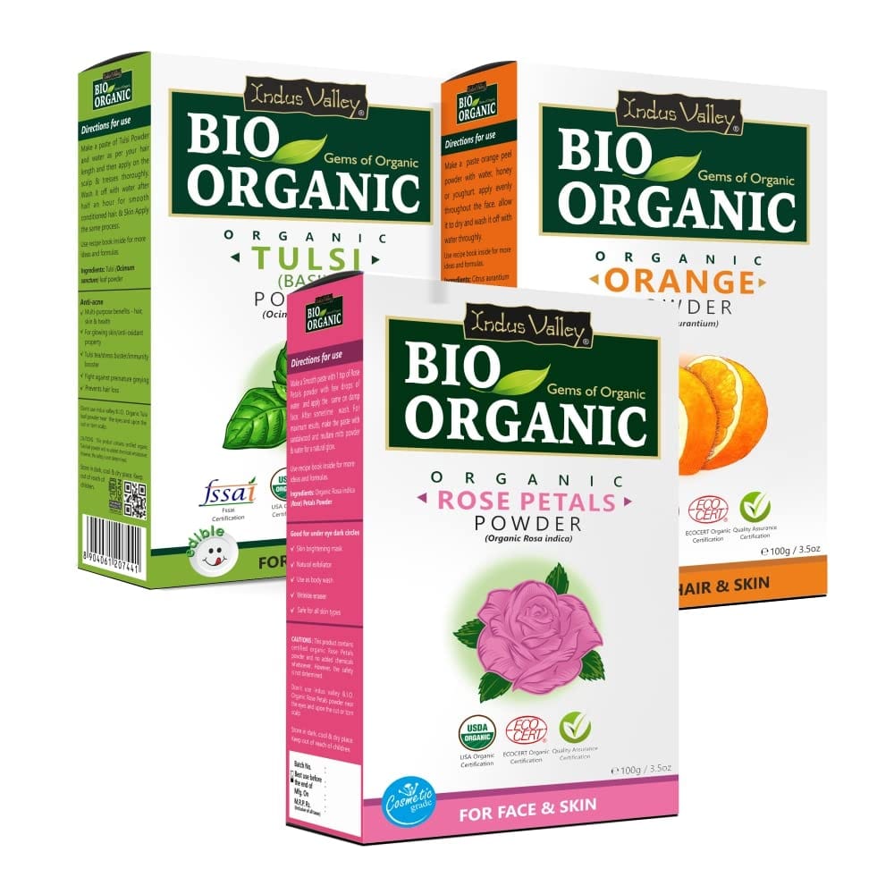 INDUS VALLEY BIO Organic Rose Petals Powder | Rosa indica, Orange Peel Powder | Citrus aurantium & Tulsi Powder | Ocimum Sanctum - (100x3 = 300g) INDUS VALLEY BIO Organic Rose Petals Powder | Rosa indica, Orange Peel Powder | Citrus aurantium & Tulsi Pow