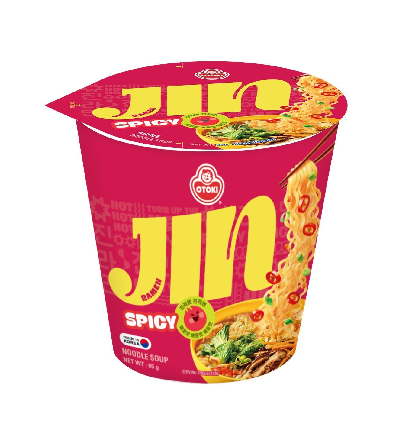 OTOKI Jin Ramen Spicy Flavor Korean Style Instant Noodles 65 Gram Cup, Vegetarian, The Product of Korea