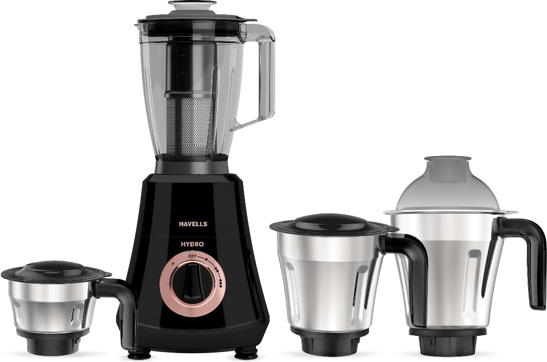 Havells Hydro Plus 1000 Watt Mixer Grinder 4 Jar Mixer Grinder |1.75L Break-Resistant Blending Jar | 304 SS Rust-Resistant Blades | 22000 RPM High-Speed Motor | 5-Year Motor Warranty (Black) Havells Hydro Plus 1000 Watt Mixer Grinder 4 Jar Mixer Grinder 