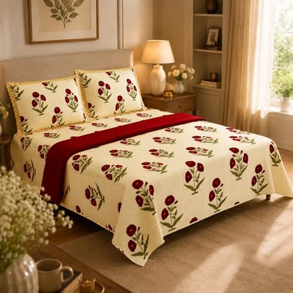 Crimson Bloom Premium 100% Cotton King Size Bedsheet with 2 Pillow Covers Crimson Bloom Premium 100% Cotton King Size Bedsheet with 2 Pillow Covers