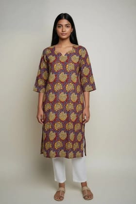 Pedana Kalamkari Screen-Print Cotton Kurti in Brown Pedana Kalamkari Screen-Print Cotton Kurti in Brown