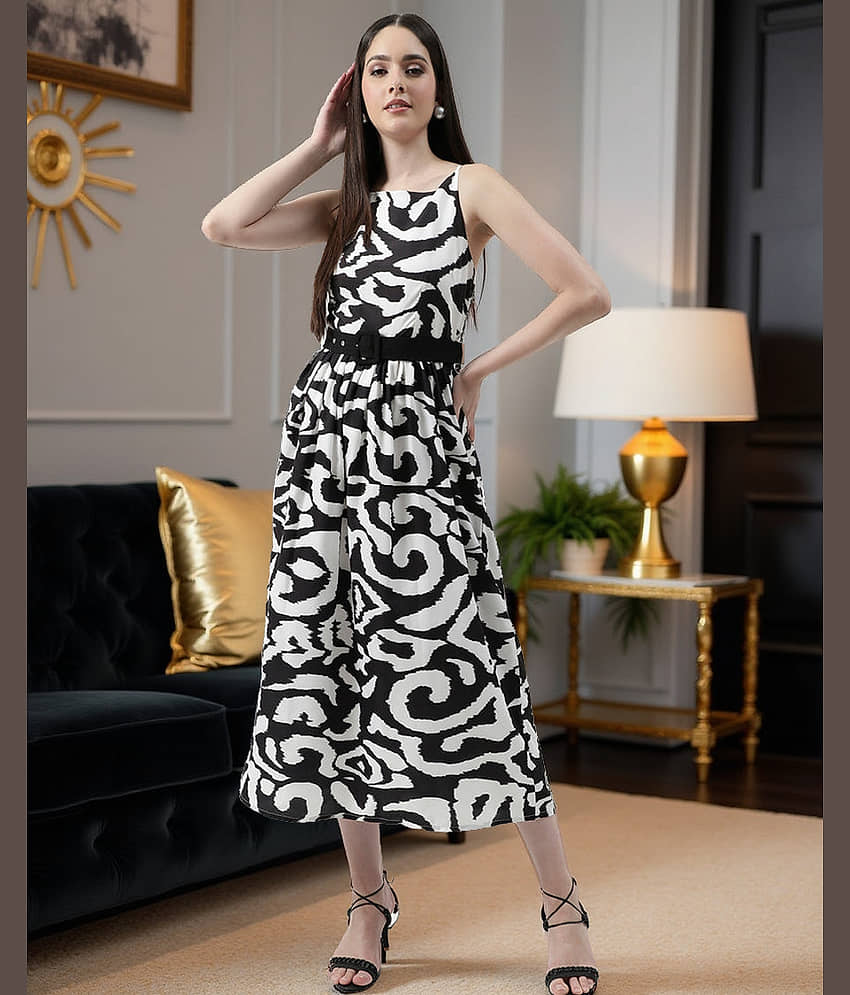 Zima Leto Women Polyester Printed A-line Dress ( Black )