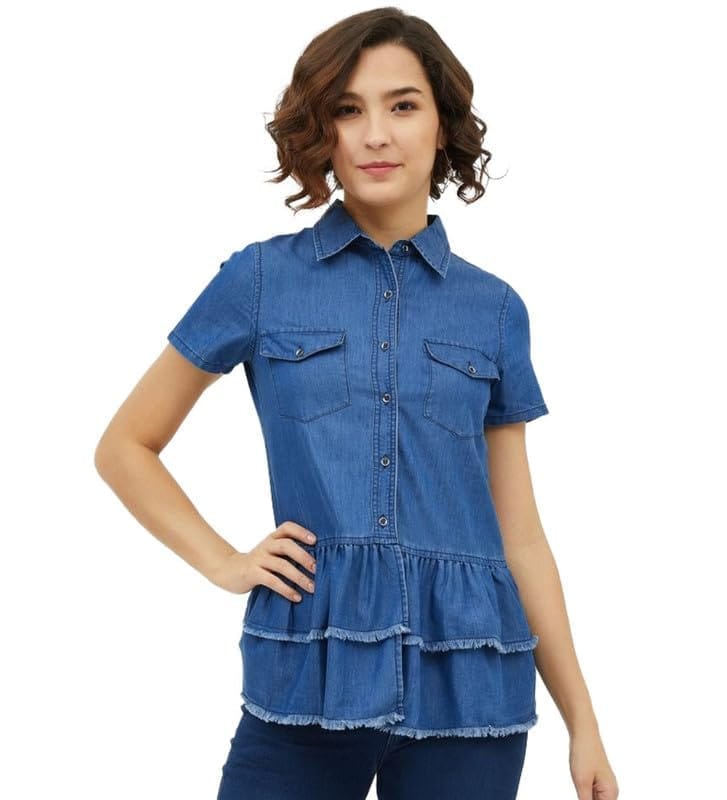 Women's Denim Peplum Short Sleeve Top (Blue, S)-PID55912