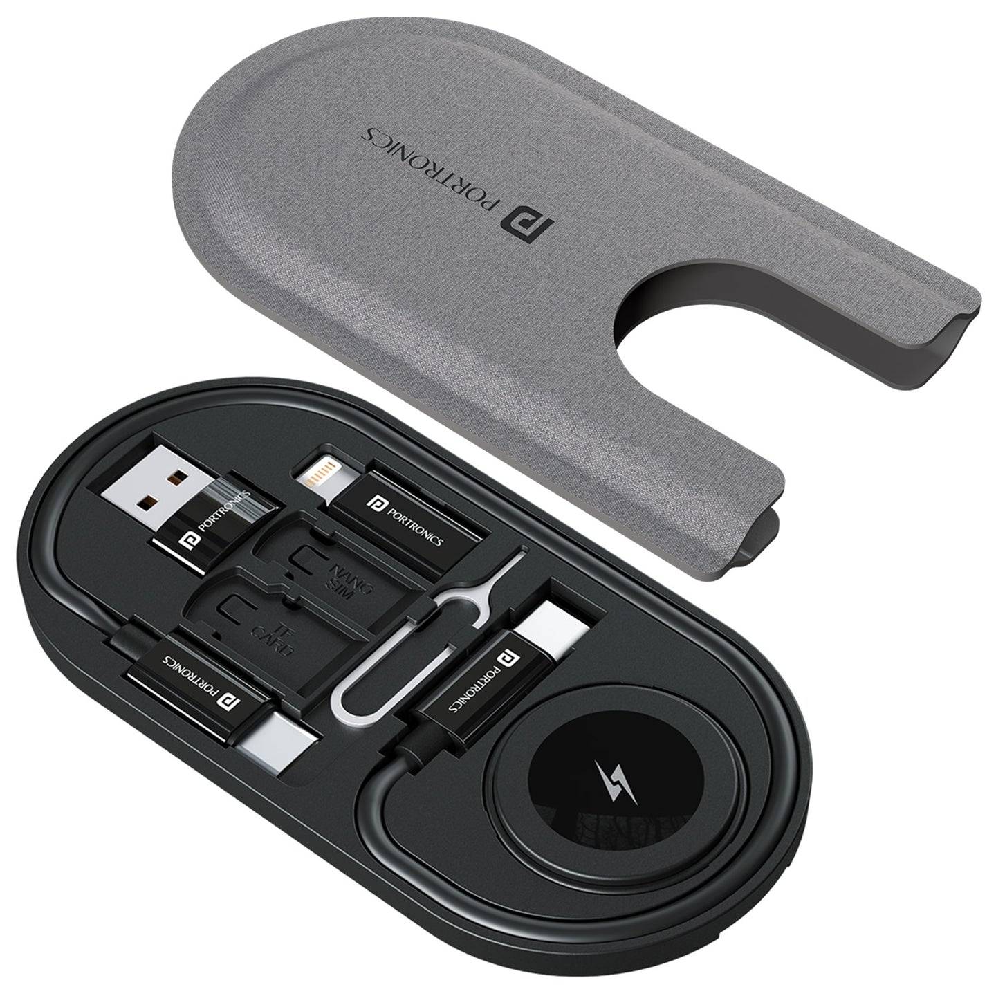 Portronics Snapcase 6 60W Multifunctional Charging Data Cable Kit with Wireless Watch Charging, Type C to Type C Cable, USB-A, Type-C, 8-Pin connectors, SIM & SD Card Slots - Black