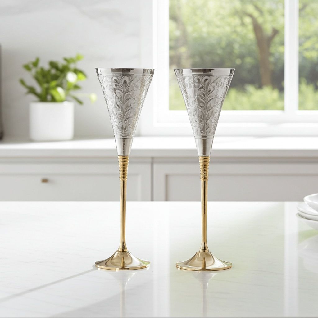 Luxury Horn Goblet Set With Silver Finish � Decorative Barware (2 Pcs), Height : 9.2 Inch (BMAS077)