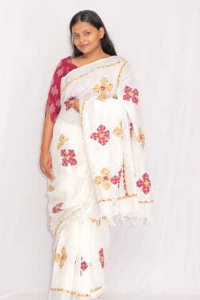 Tisser Handcrafted Linen Applique Cutwork Saree with Blouse Piece – Pure White