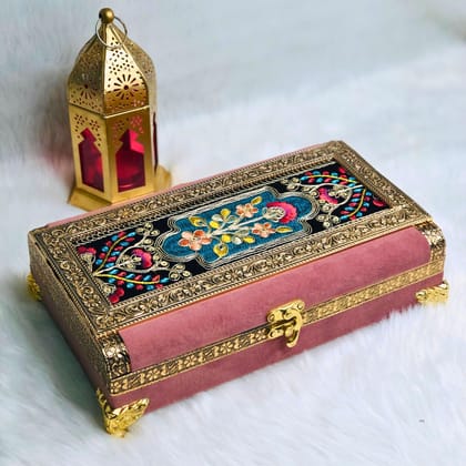 NAVRANG Vintage Decorative Wooden Box with Embroidered Top, Pink Velvet, Gold Corners, (10 x 6 Inch)